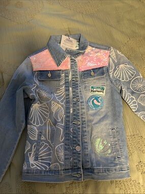 Duluth Trading Co Light Blue Denim Jacket with Pink Sequin Yoke